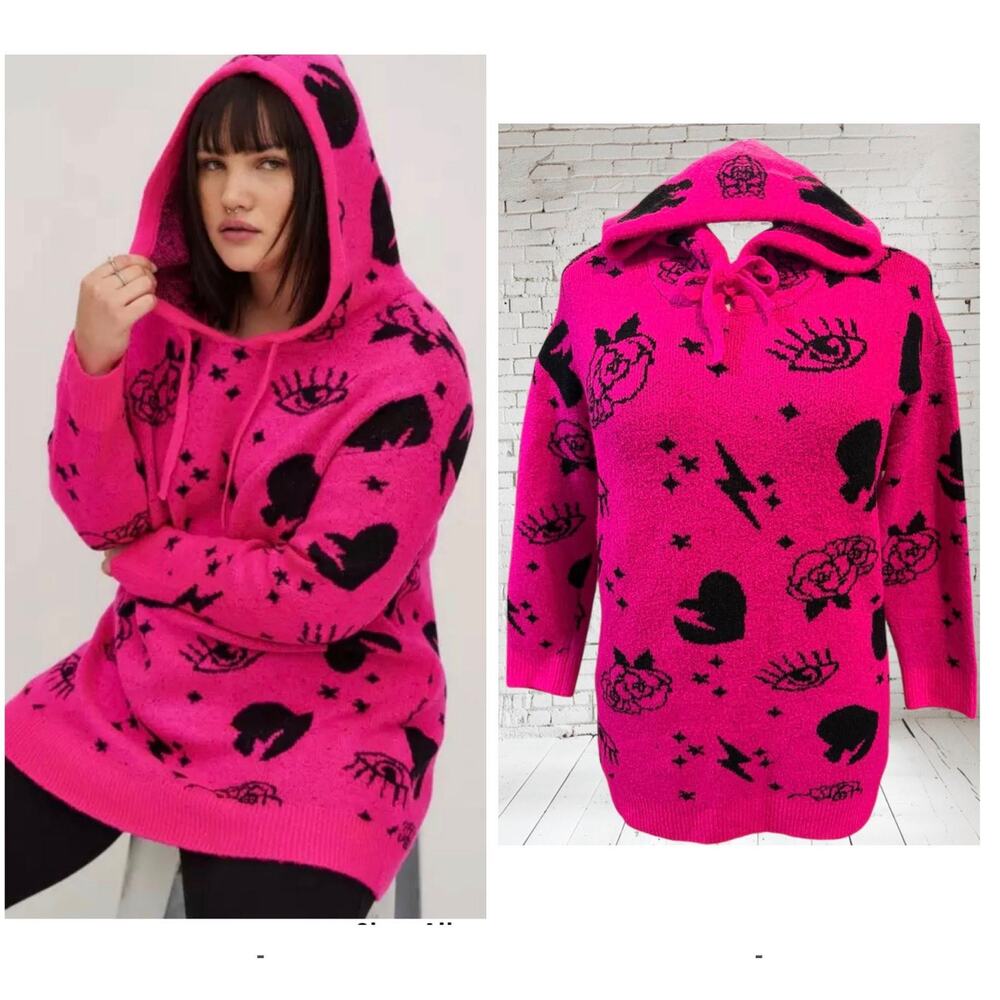 Torrid 2 (2X 18/20) Lovesick Punk Gothic Hot Pink Hooded Pullover Sweater Hoodie